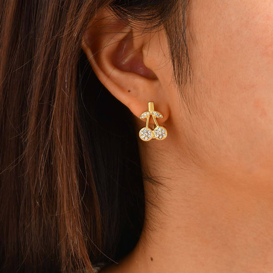 🍒 Sparkling Cherry Earrings – Gold Tone