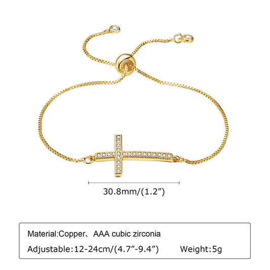 ✨ Crystal Cross Adjustable Bracelet – Gold Tone ✨