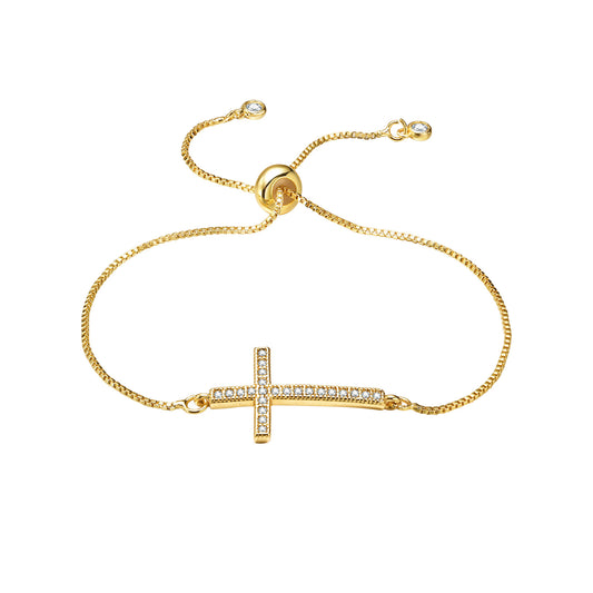 ✨ Crystal Cross Adjustable Bracelet – Gold Tone ✨