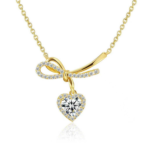 💝 Bow & Heart Crystal Necklace – Gold Tone
