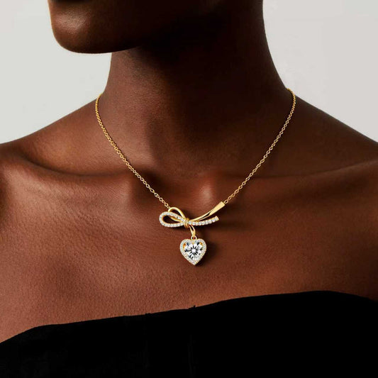 💝 Bow & Heart Crystal Necklace – Gold Tone