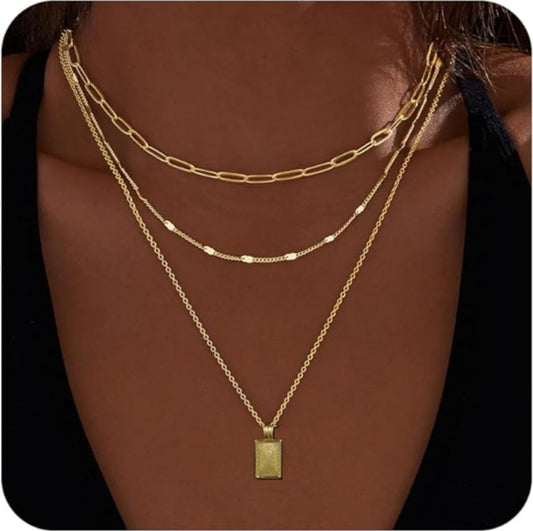 💎Layered Gold-Plated Copper Necklace Set with Rectangle Pendant💎